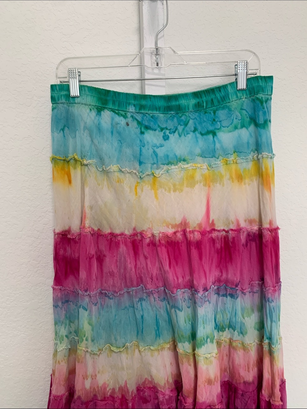 Y2K Sacred Threads Multicolor Tie-Dye Midi Skirt in Teal, Pink & Yellow - Picture 3 of 7